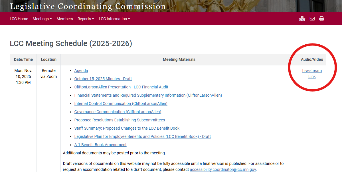 Screenshot of a meetings page table.